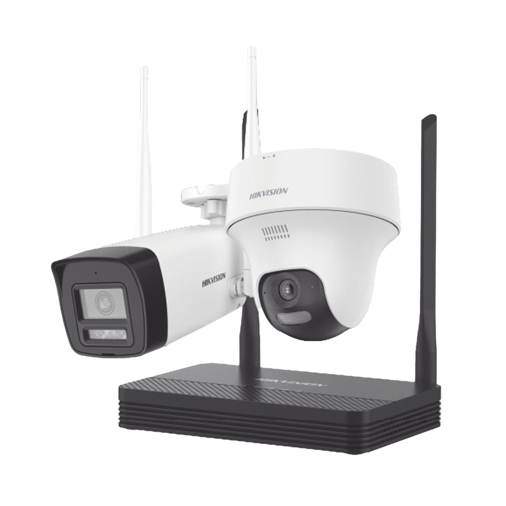 Kit IP Inalámbrico 2 Megapíxel / NVS 4 Canales / 1 Cámara Bala Exterior + 1 Cámara Turret Interior con Lente 2.8 mm y Dual Light / Audio Bidireccional (Micrófono y Bocina) / Soporta Micro SD de 512 GB