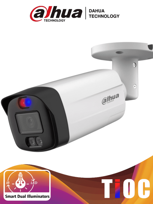 DAHUA HAC-ME1509THN-A-PV-S2 - Camara Bullet TioC de 5 Megapixeles/ Iluminador Dual Inteligente+Disuasión Activa con Luz Roja y Azul/ Lente de 2.8mm/ 111 Grados/ 40 Metros de Iluminación IR y Visible/ Micrófono Integrado/ WDR Real de 120 dB