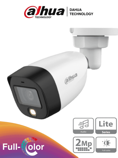 Cámara Bullet Full Color 1080p/ Lente de 2.8 mm/ 106 Grados de Apertura/ Micrófono Integrado/ Luz Blanca de 20 Mts/ DWDR/ Starlight/ IP67/ Soporta CVI/AHD y CVBS