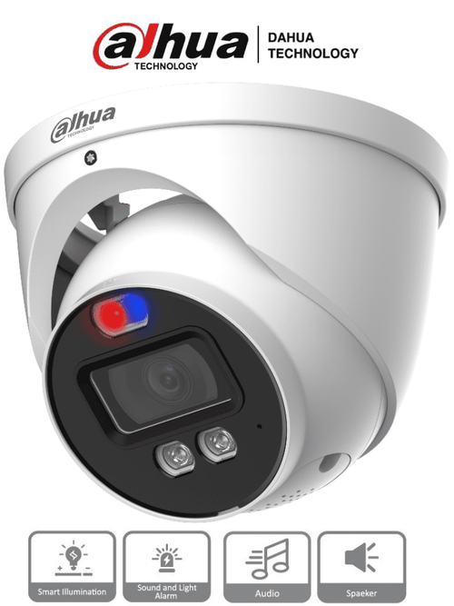 Dahua HAC-ME1239HN-A-PV - Cámara Domo TiOC de 2 Megapixeles/ Disuasion Activa Luz Roja y Azul/ Lente de 3.6 mm/ Super Adapt/ Microfono y Altavoz Integrados/ 40 Metros de Iluminación (IR y Cálida)/ Metalica/ IP67/